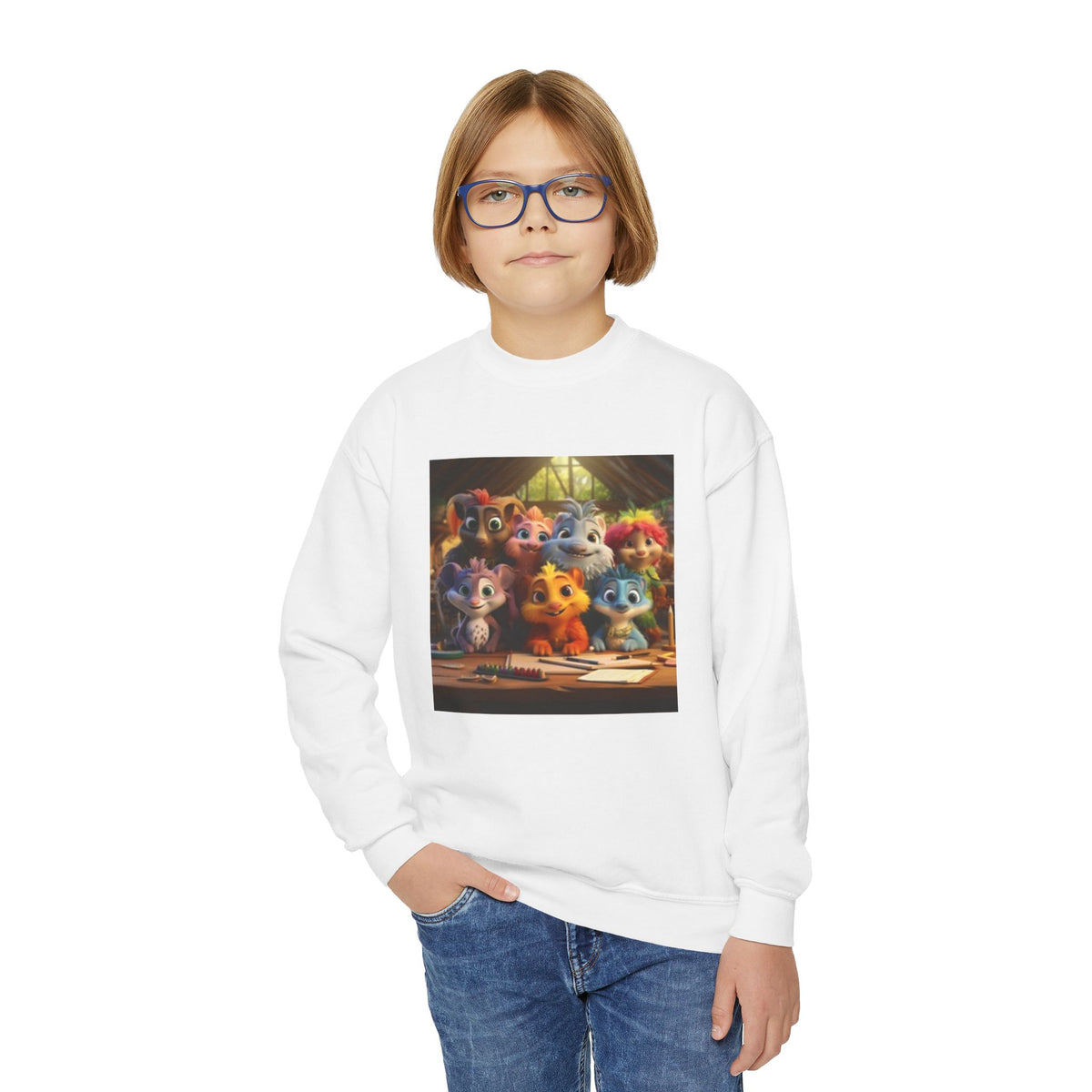 Youth Crewneck Sweatshirt — Colorful Cartoon Kittens Group Graphic