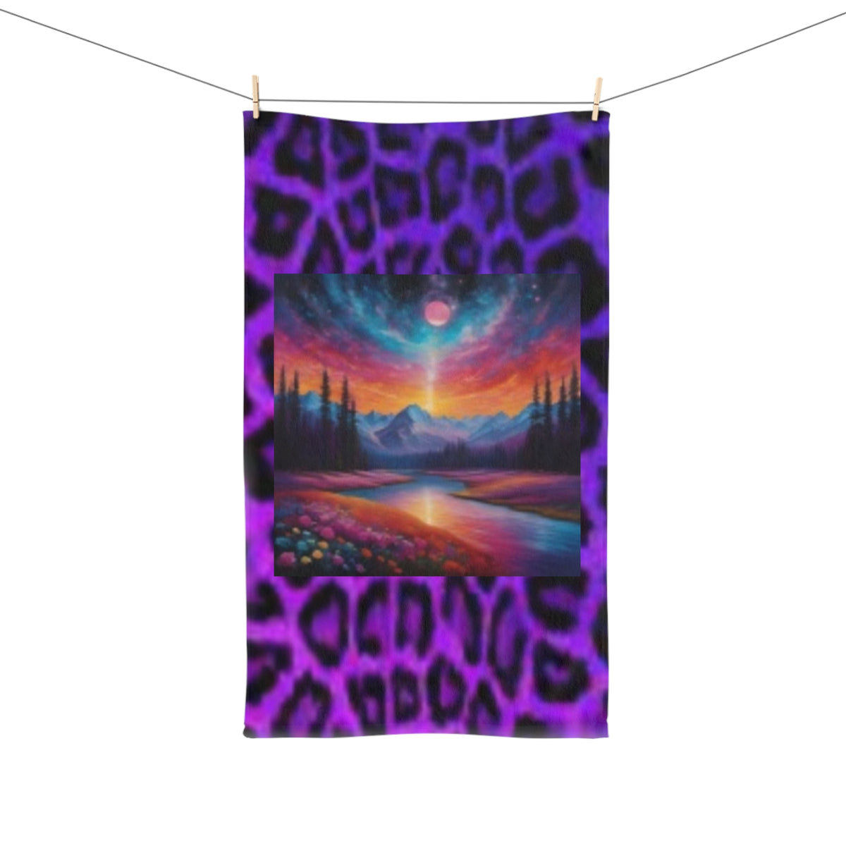 Purple Leopard & Sunset Hand Towel with Vibrant Mountain Sunset Artwork