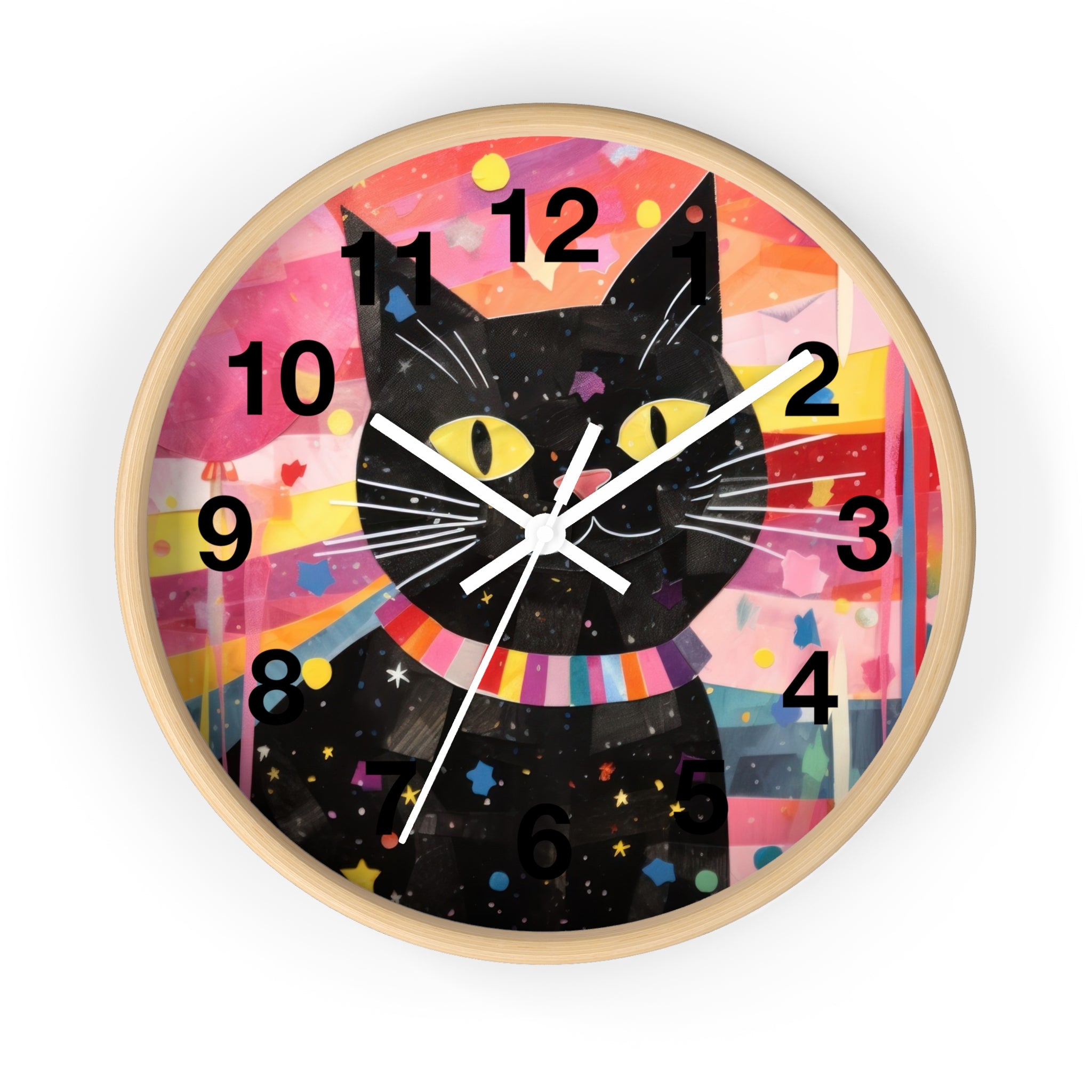 Black Cat Wall Clock — Colorful Retro Cat Clock with Yellow Eyes
