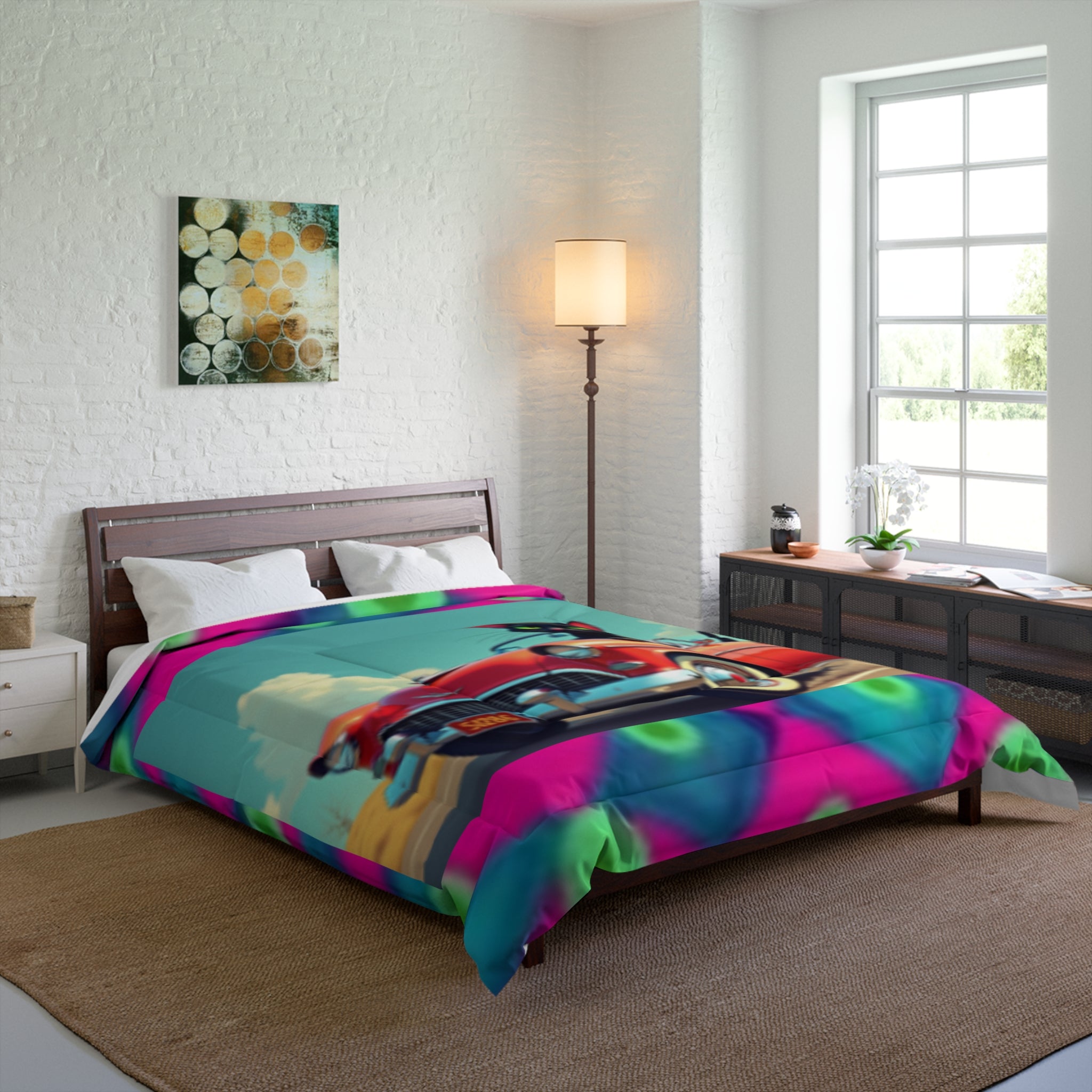 Retro Cat Driving Comforter - Vintage Convertible Black Cat Bedding