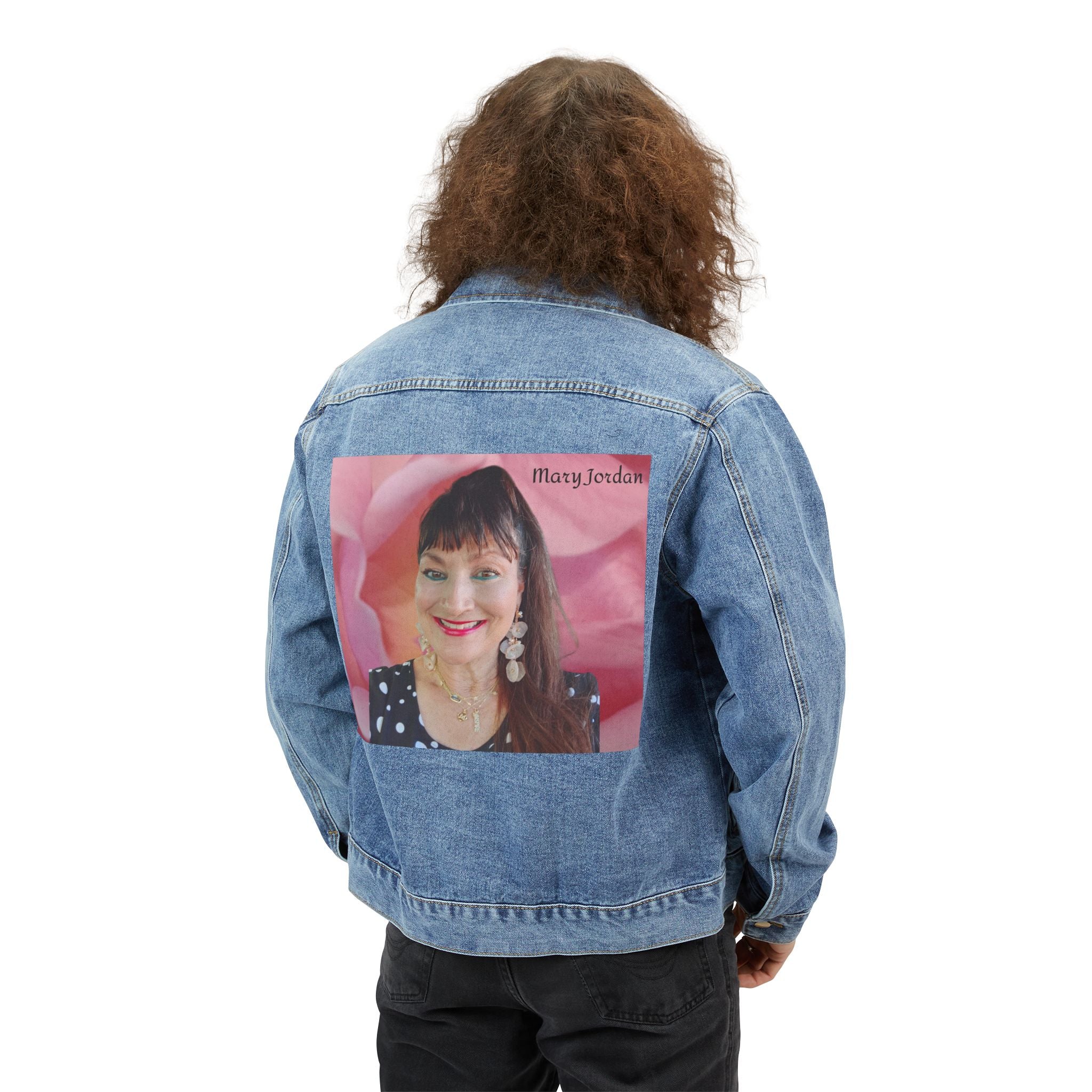 Denim Jacket —Mary Jordan & Pink Rose Back Patch Men’s Denim Jacket
