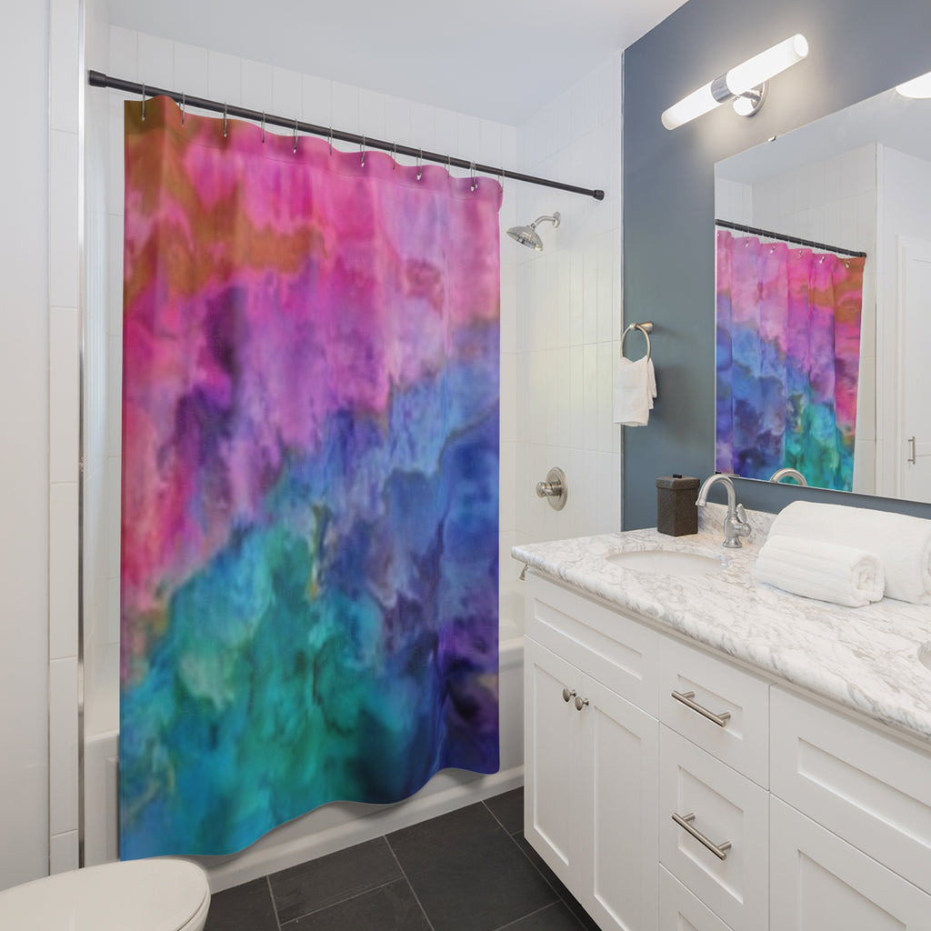 Abstract Watercolor Shower Curtain — Vibrant Pink Blue Ombre Bathroom Decor