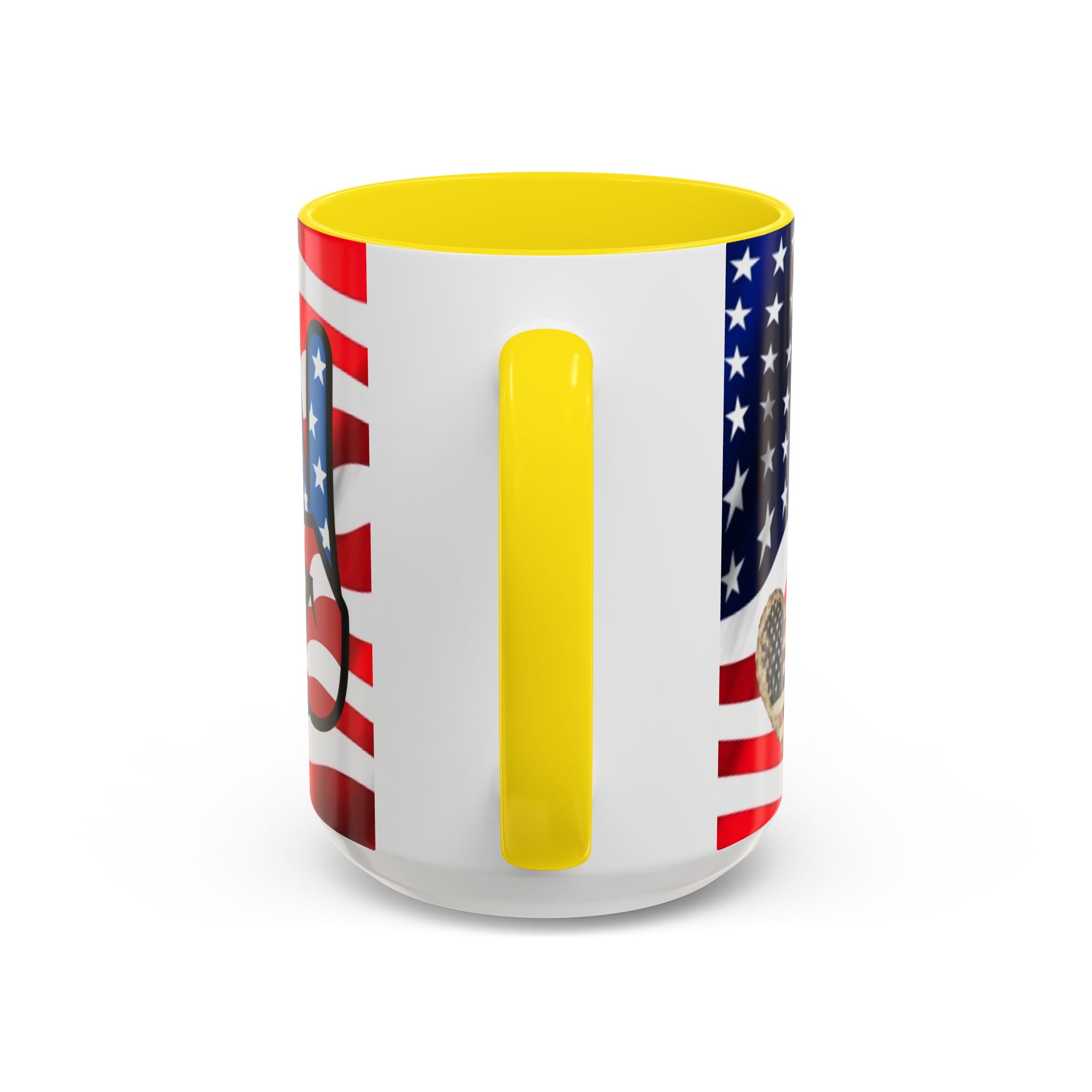 Patriotic President TRUMP Coffee Mug — American Flag Peace Sign & Smile