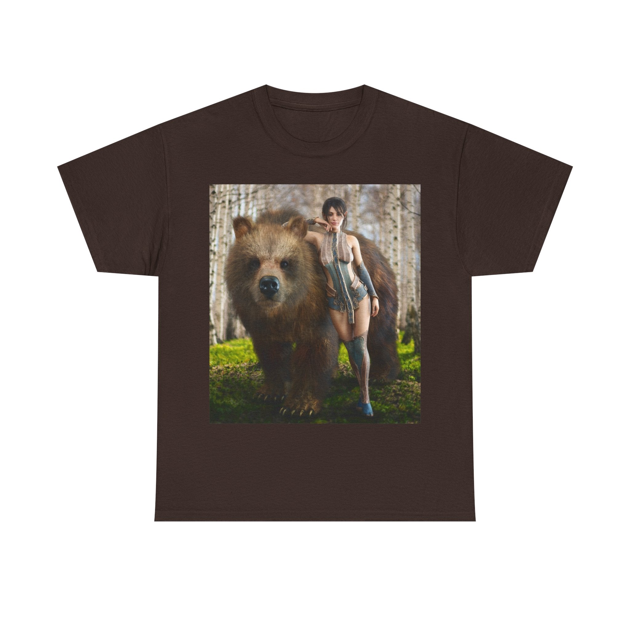 Bear Companion Graphic Tee — Woman Walking with Bear Forest Art T-Shirt