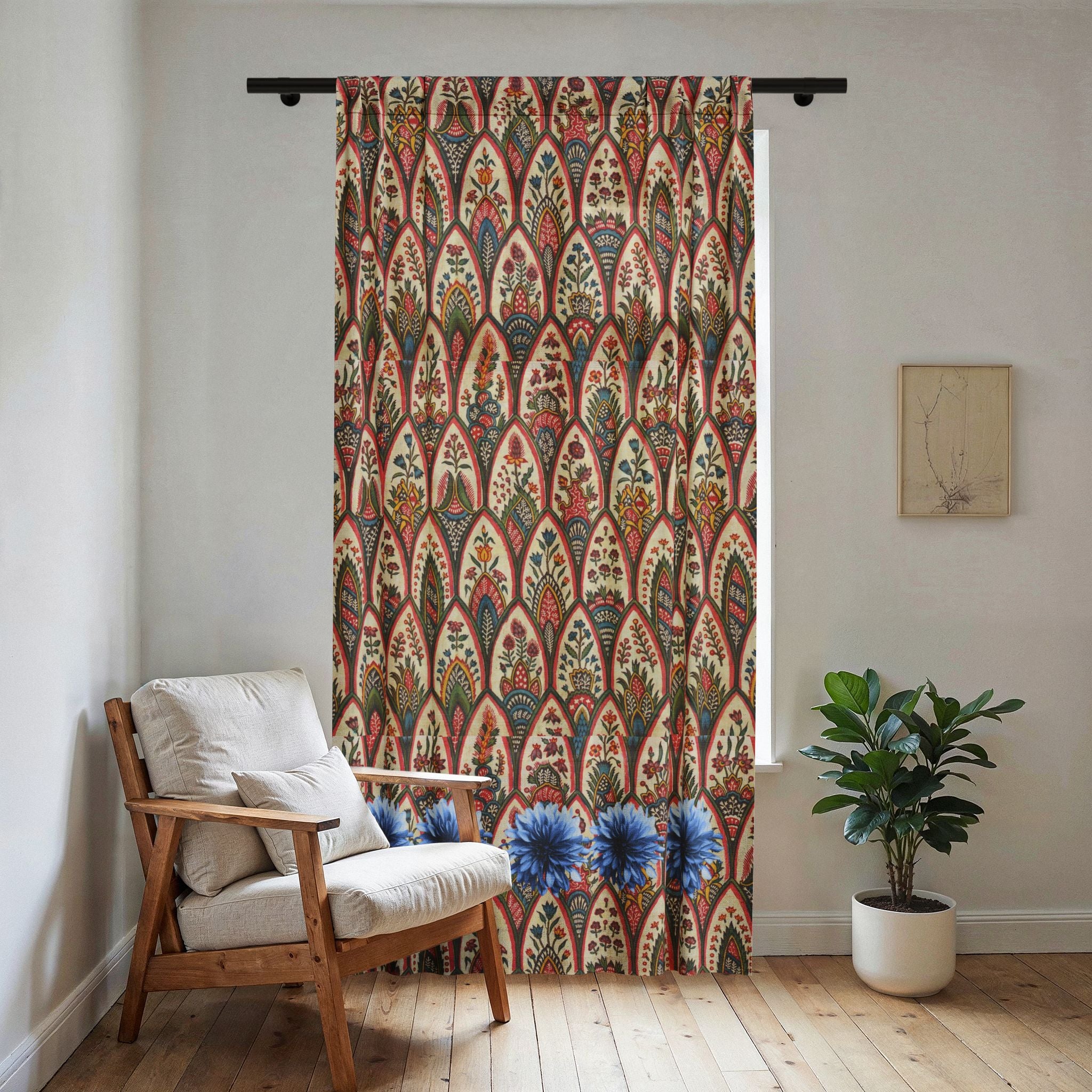 Boho Floral Sheer Curtain — Vintage Arch Pattern Window Panel