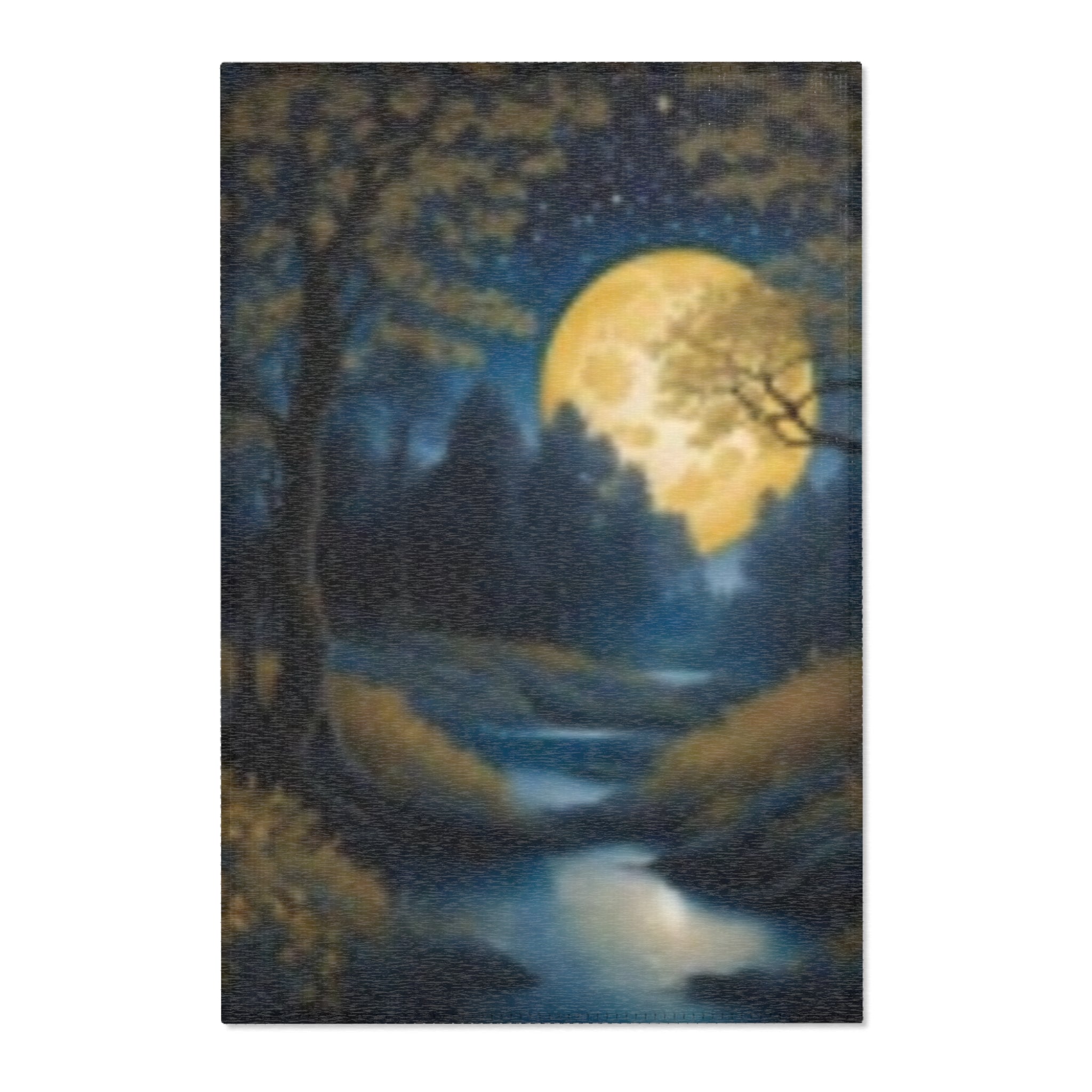 Moonlit Forest Area Rug — Serene Nightscape Rug with Full Moon Creek