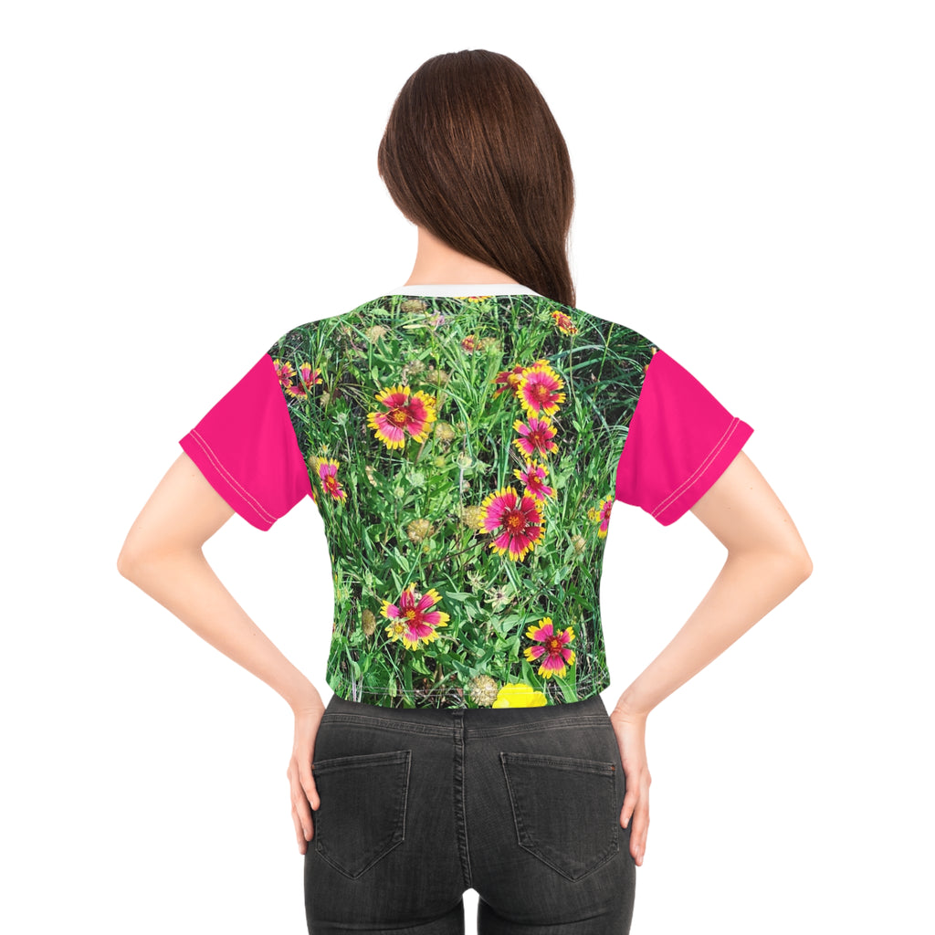 Women's Floral Field Crop T-shirt Pink Gaillardia Flower or Mexican Hat