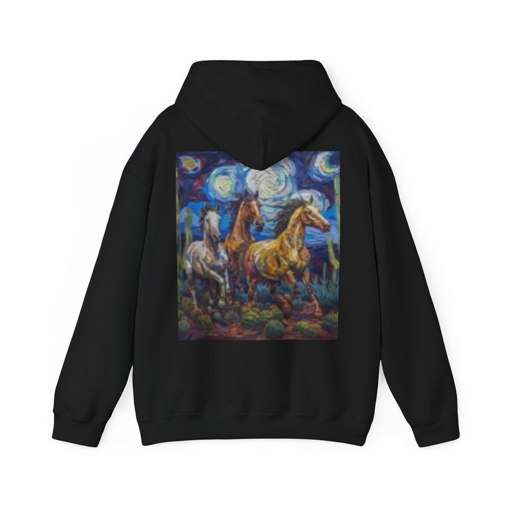 Sunface & Galloping Horses Hoodie — Boho Celestial Horse Art Sweatshirt