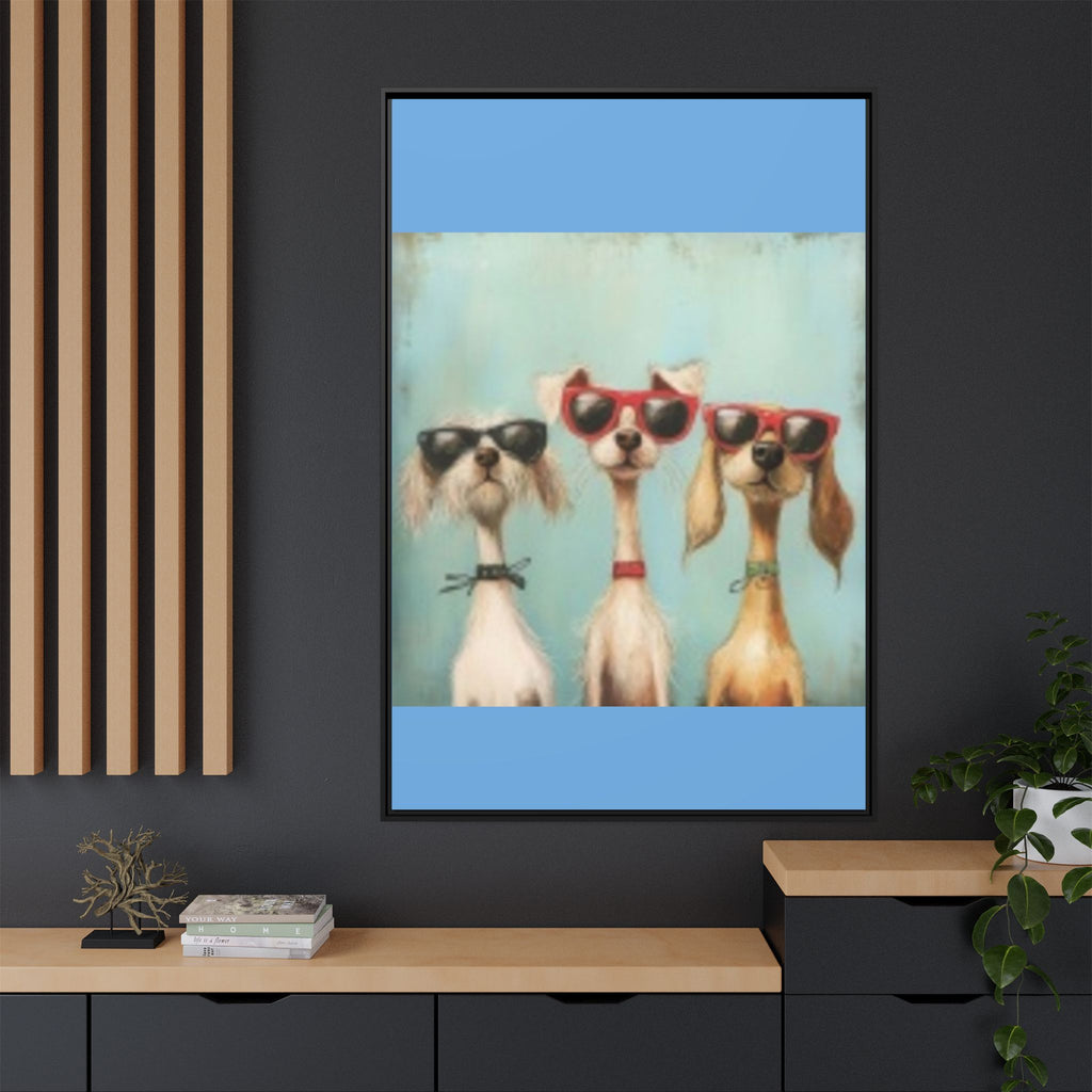 Framed Matte Canvas — Three Cool Dogs in Sunglasses Wall Art