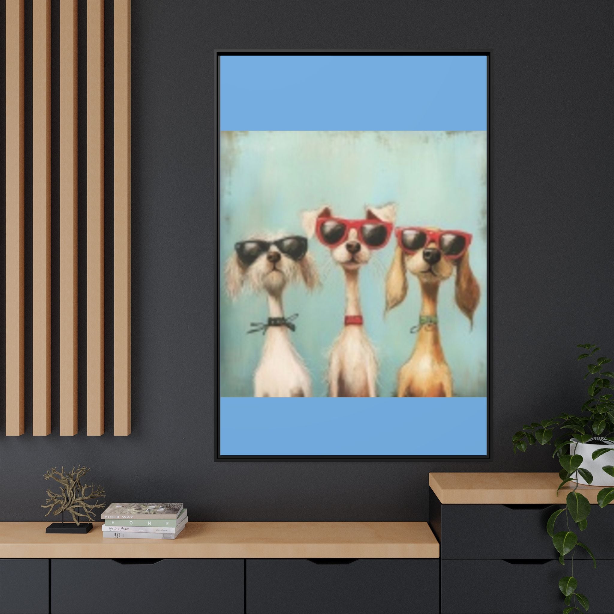 Framed Matte Canvas — Three Cool Dogs in Sunglasses Wall Art