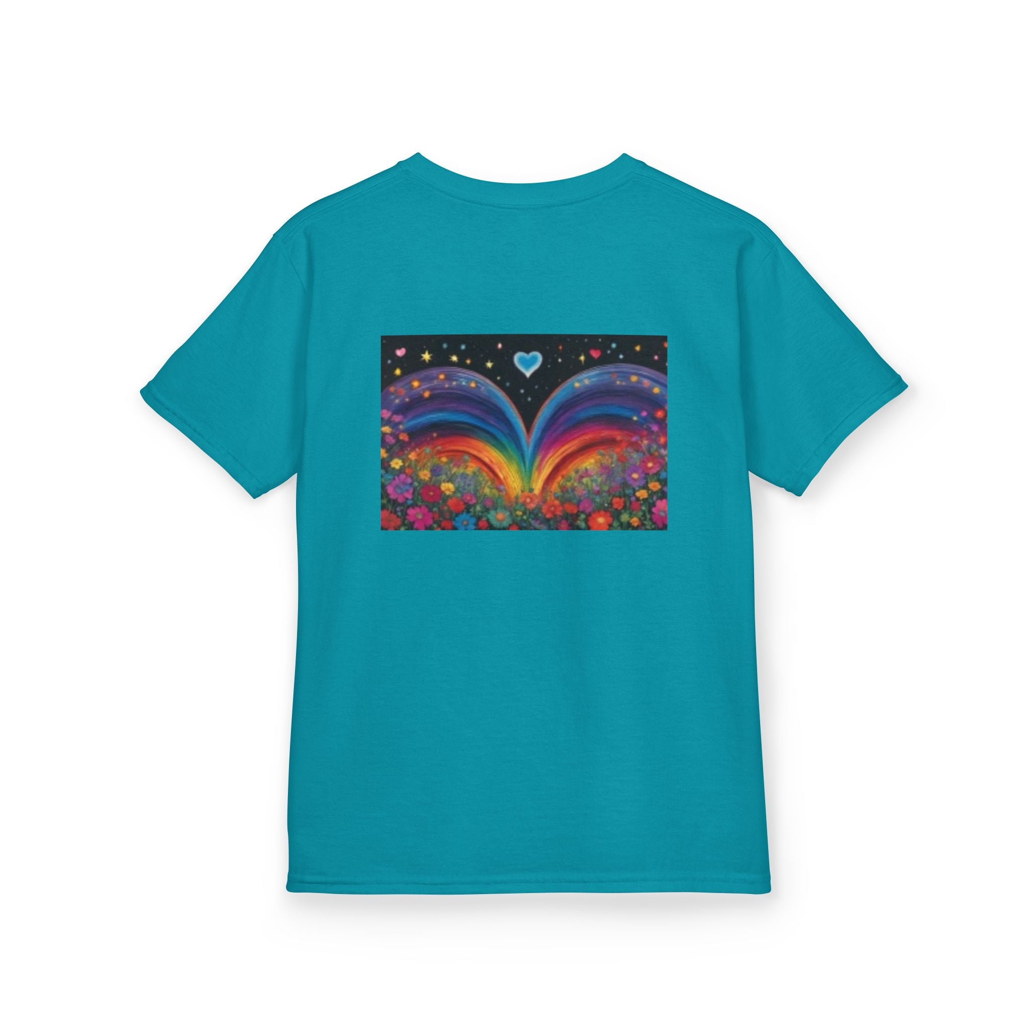 Kids T-shirt— Cute Tiger Cub Photo Front & Rainbow Heart Back Graphic