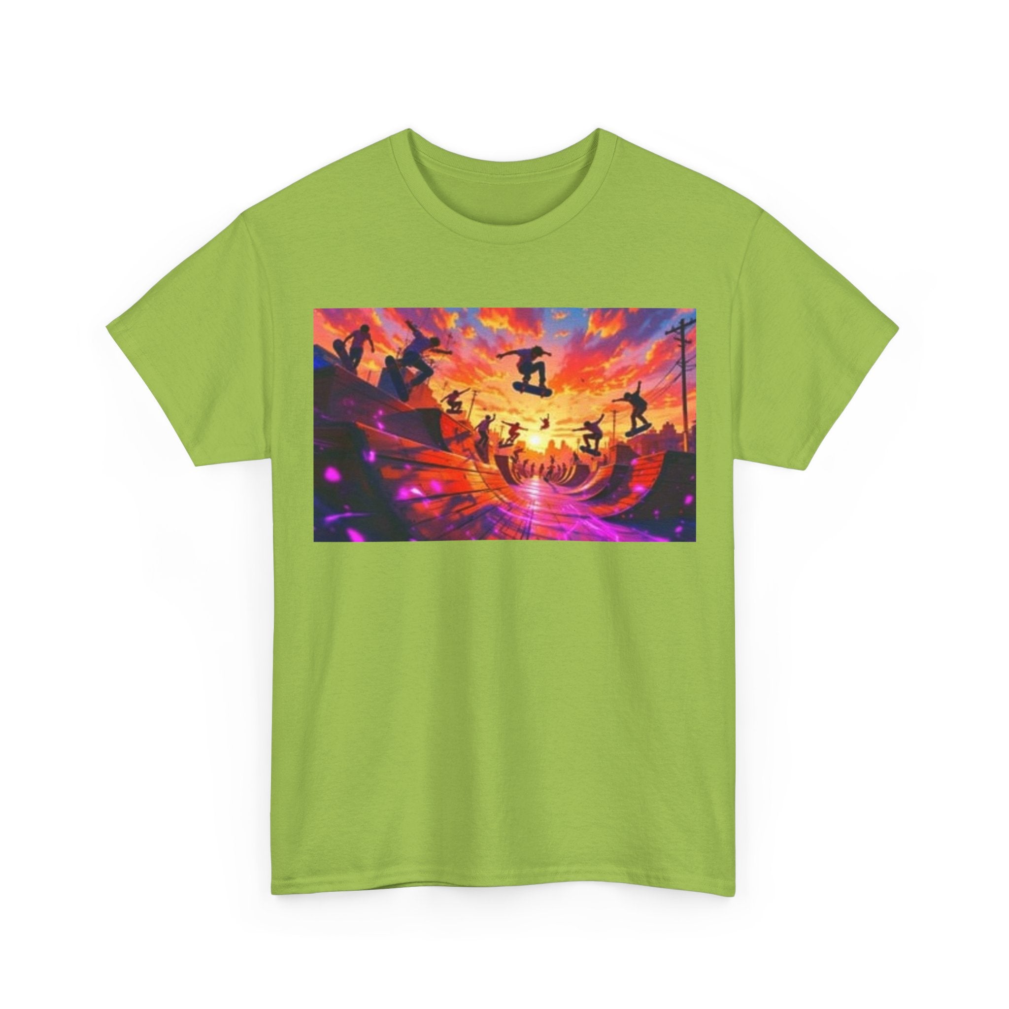 Skate Sunset Graphic Tee — Vibrant Skateboarding Sunset Scene Shirt