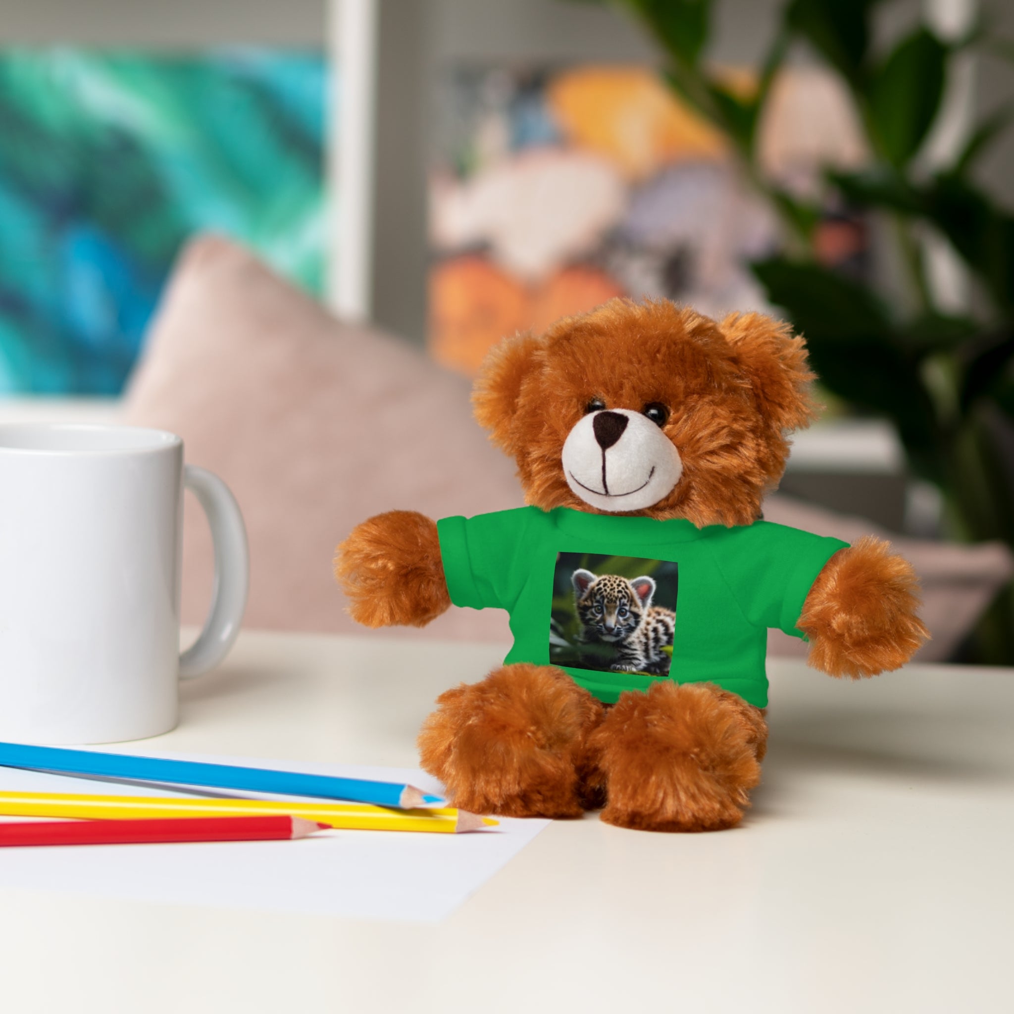 Plush Teddy Bear with Leopard Cub Tee — Cute Animal Gift for Kids & Wildlife Lovers