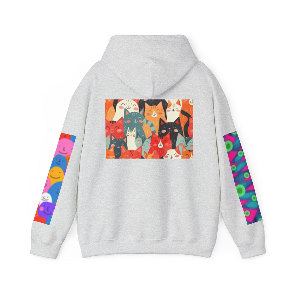 Cat Graphic Hoodie - Retro Sunglasses Cat Front & Colorful Cat Pattern Back Sweatshirt