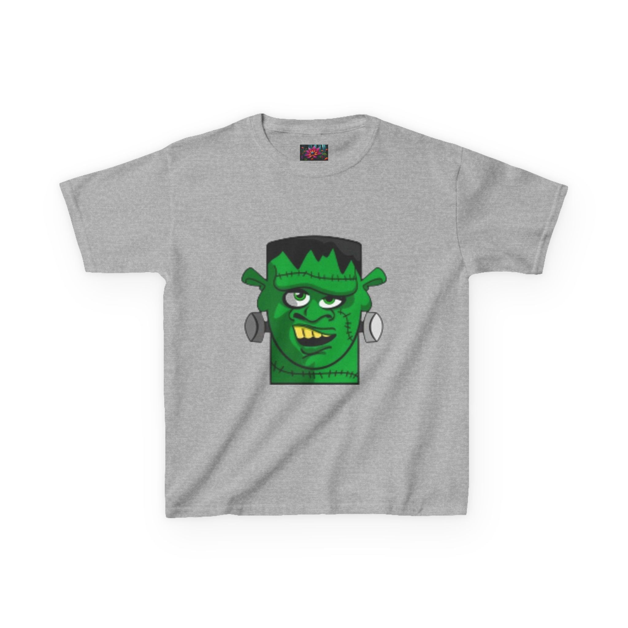 Kids T-shirt— Cute Frankenstein Face Front & Enchanted Forest Back