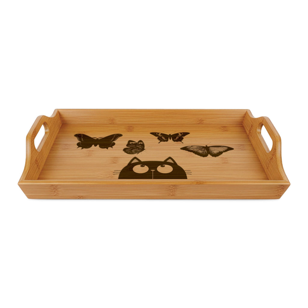Engraved Bamboo Serving Tray with Peeking Cat Design