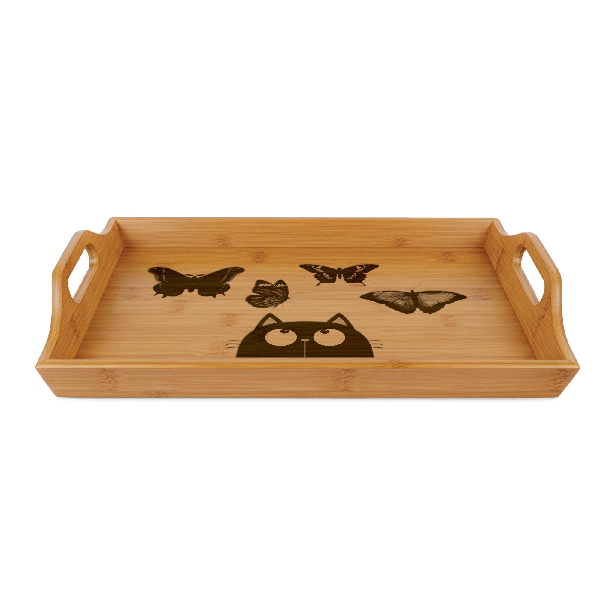 Engraved Bamboo Serving Tray with Peeking Cat Design