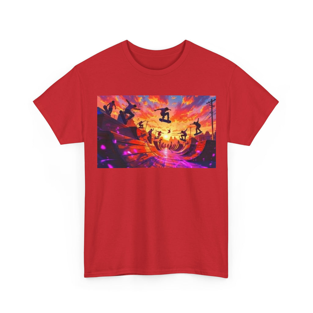 Skate Sunset Graphic Tee — Vibrant Skateboarding Sunset Scene Shirt