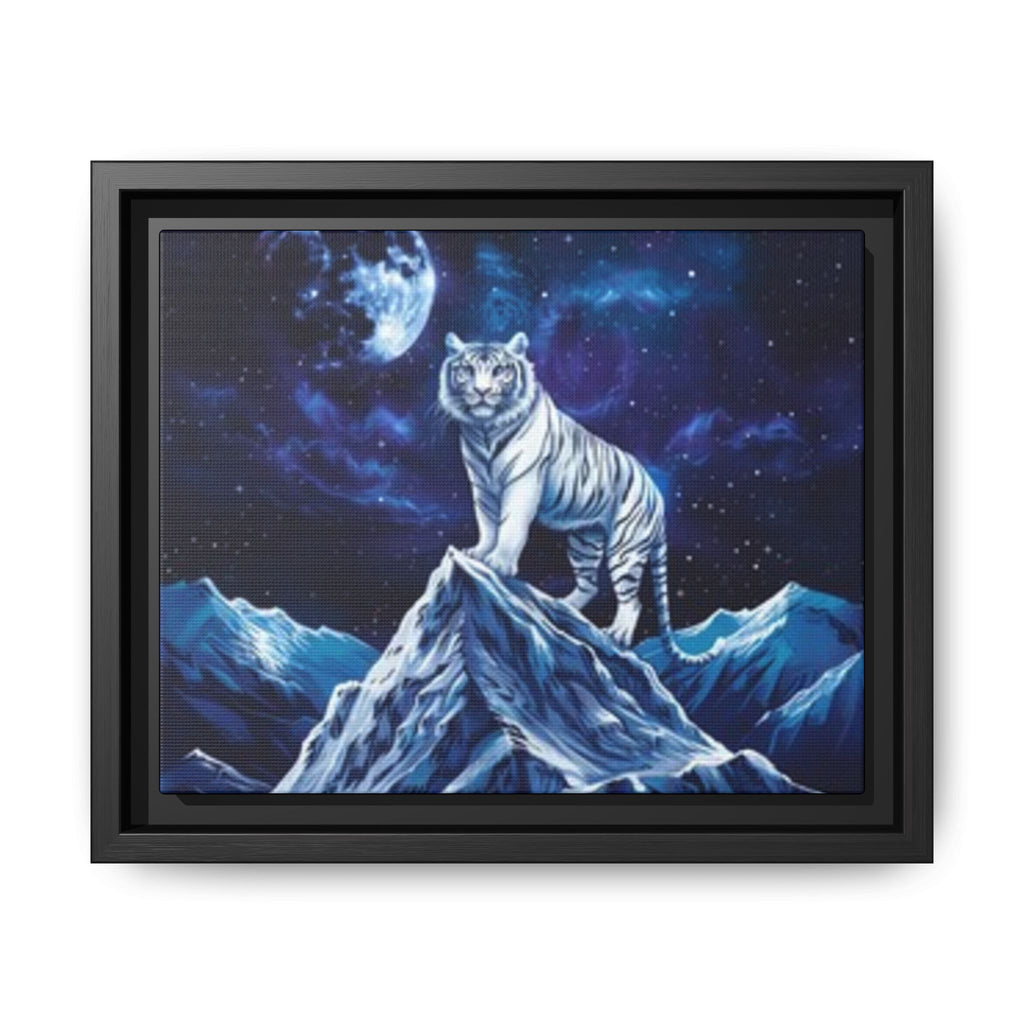 Framed Matte Canvas - White Tiger on Moonlit Mountain
