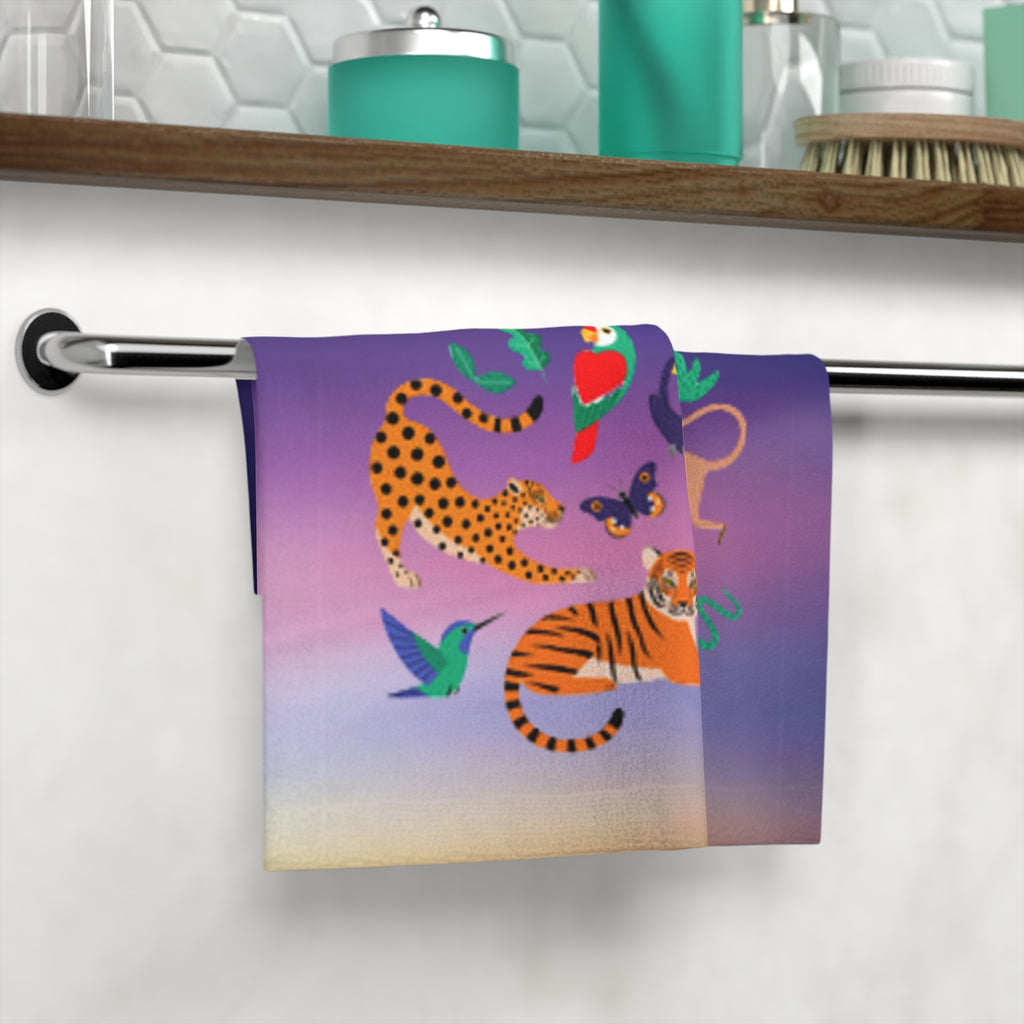 Tropical Jungle Animals Face Towel — Colorful Parrot, Tiger & Monkey Print