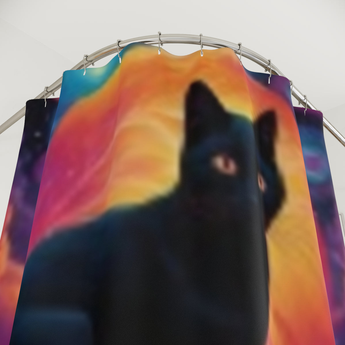 Mystic Black Cat Shower Curtain — Retro Cosmic Moon Bathroom Decor