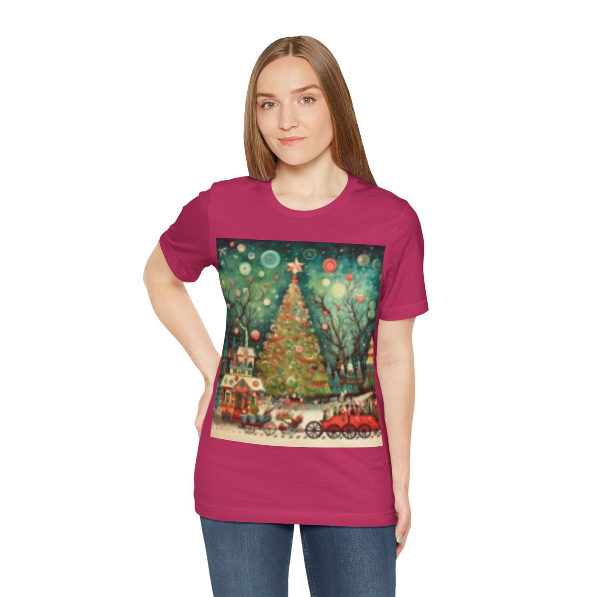 Vintage Christmas Tree Tee — Holiday Village Scenic T‑Shirt