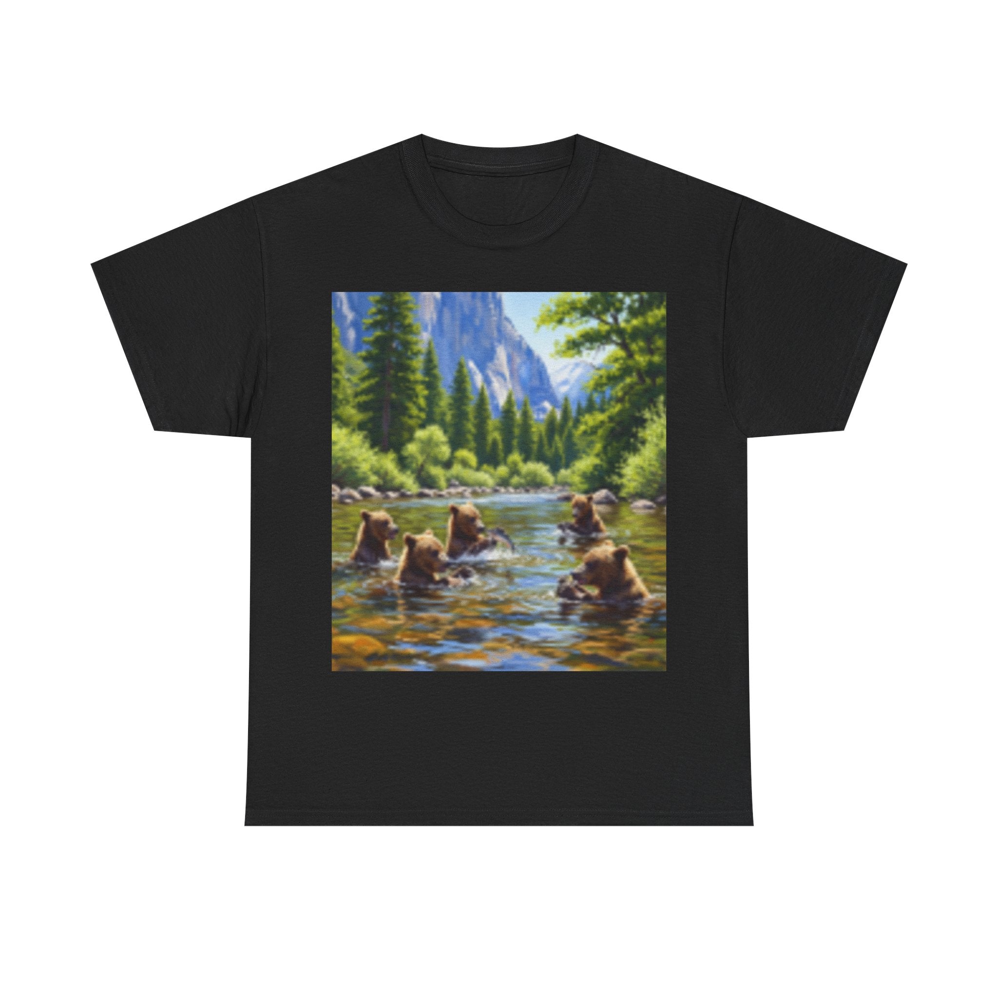 Black t-shirt with a graphic of bears in a river and mountains on a white background