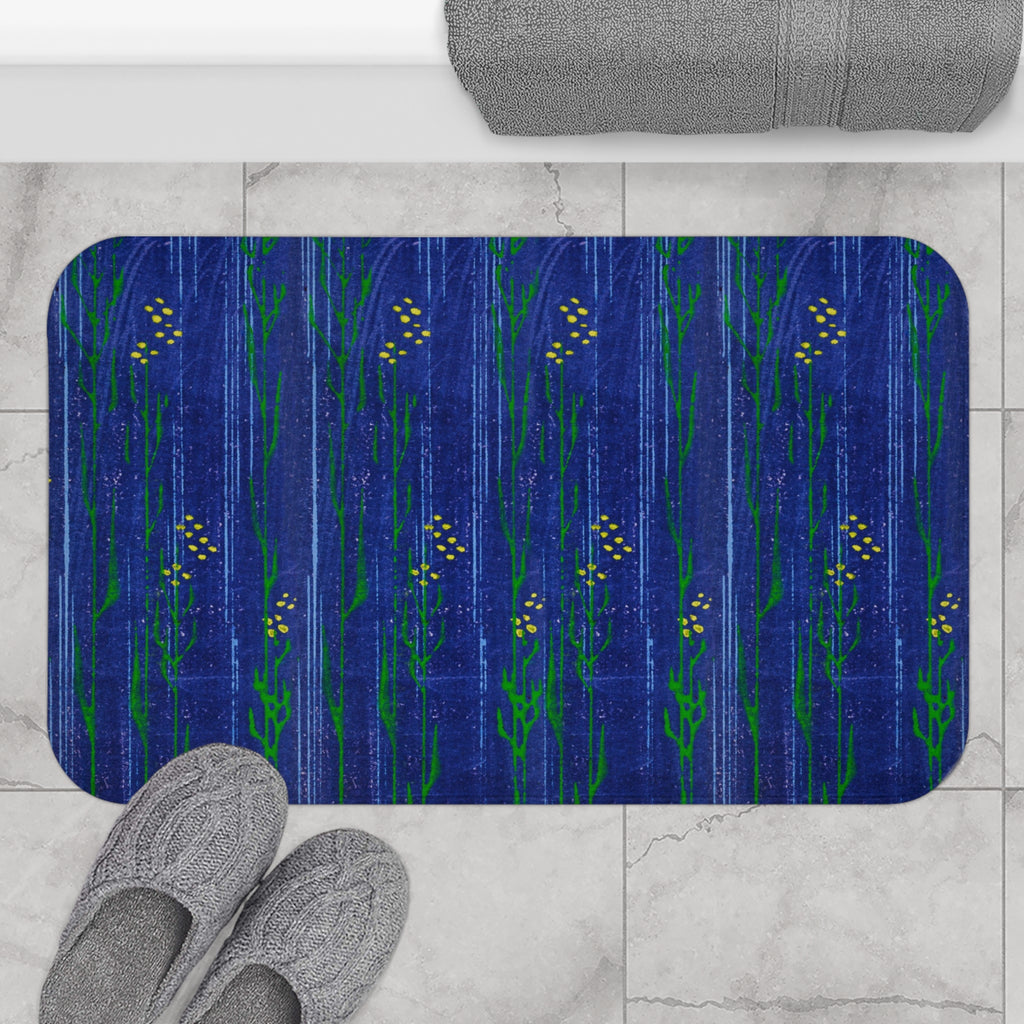 Blue Floral Bath Mat — Deep Sea Indigo Patterned Bathroom Rug