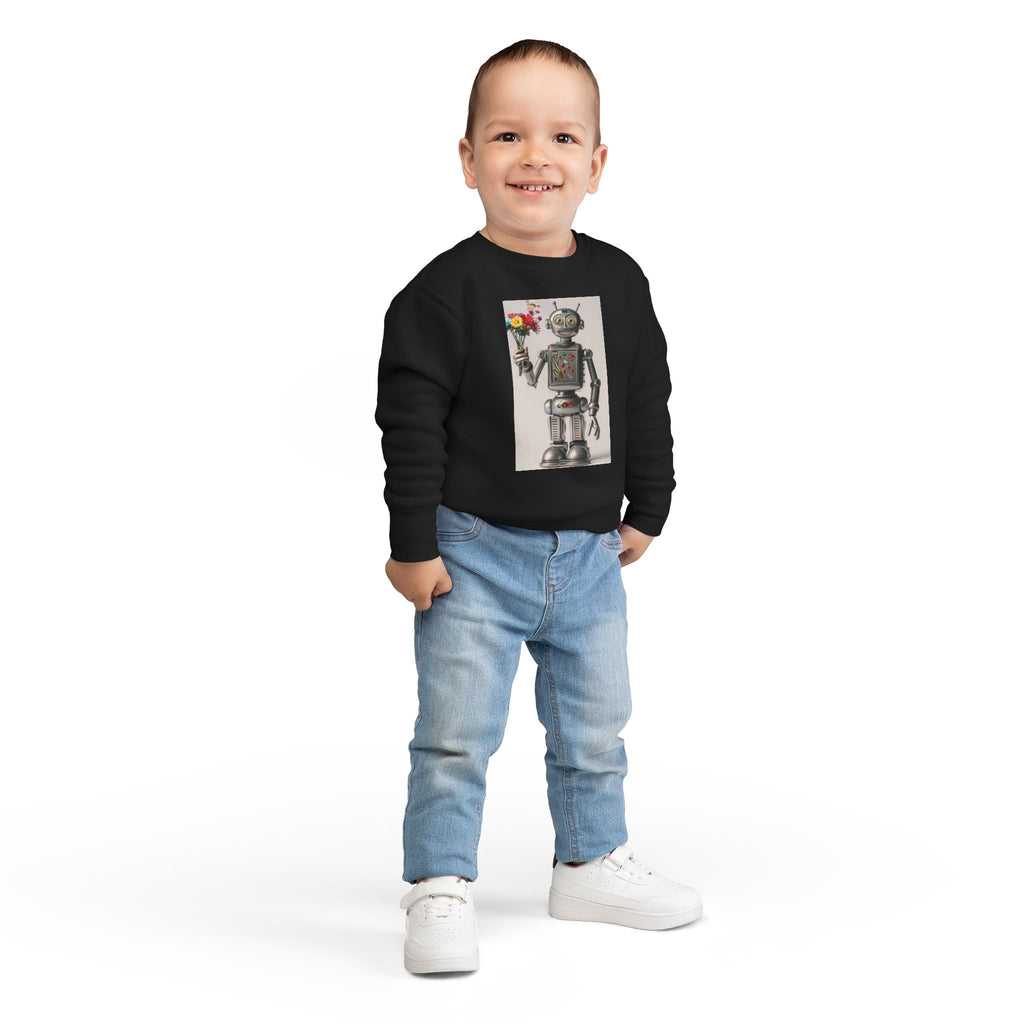 Retro Robot Toddler Sweatshirt — Cute Robot Holding Flowers Graphic