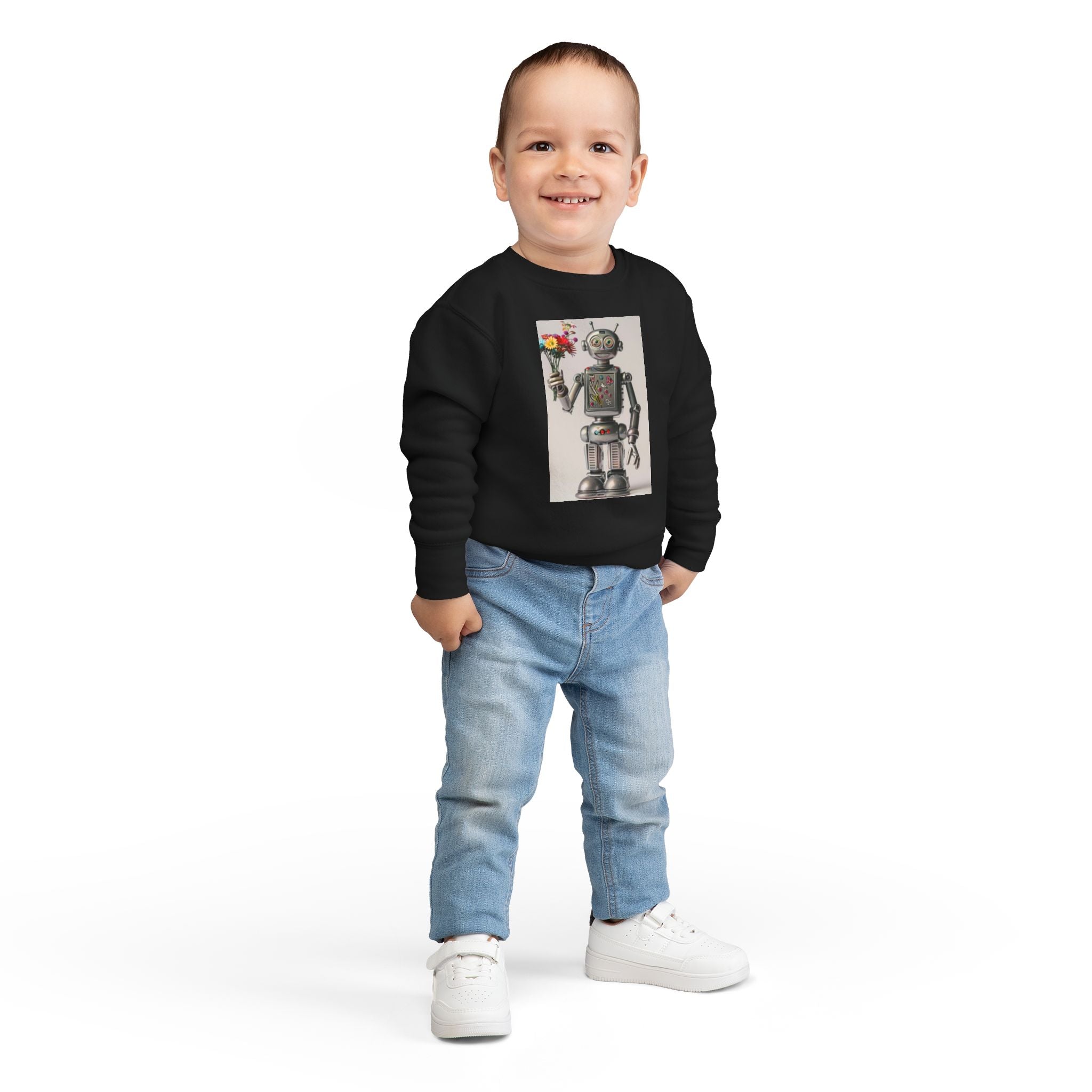 Retro Robot Toddler Sweatshirt — Cute Robot Holding Flowers Graphic