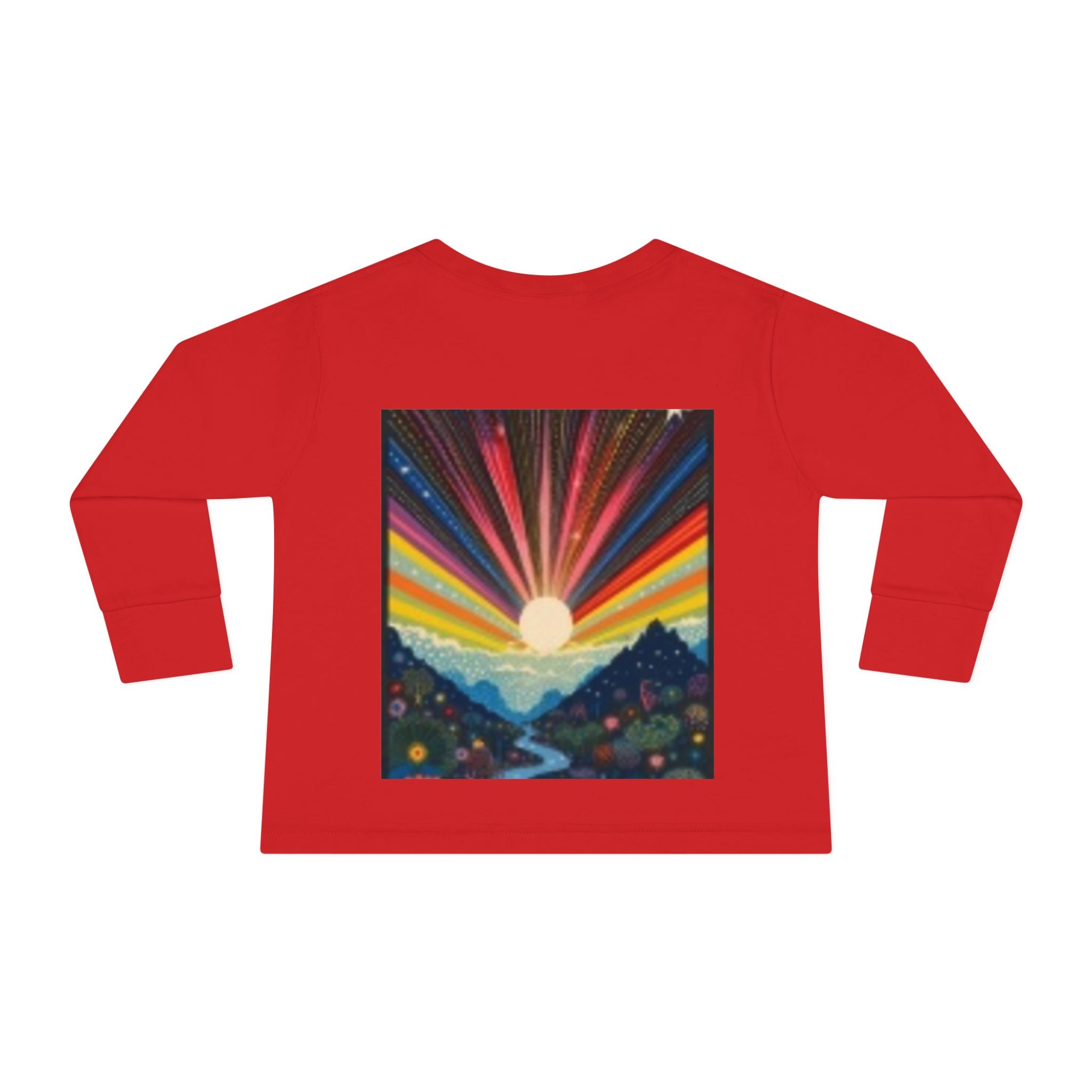 Toddler Long Sleeve Tee — Playful Robot & Colorful Sunrise Graphic Shirt