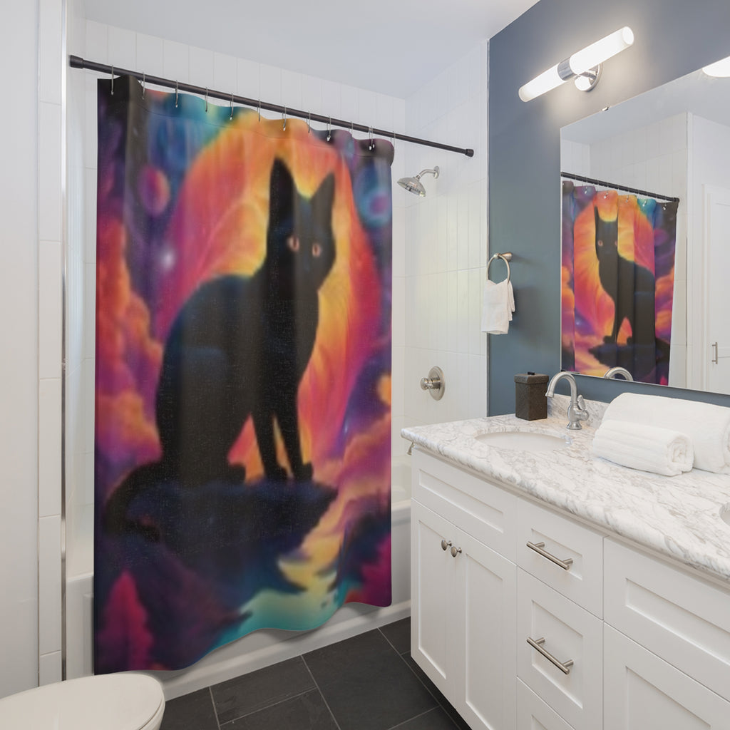Mystic Black Cat Shower Curtain — Retro Cosmic Moon Bathroom Decor