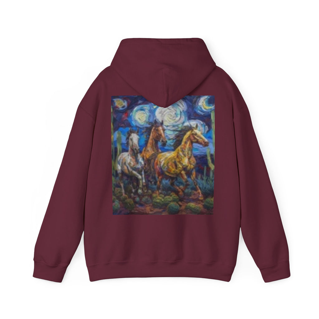 Sunface & Galloping Horses Hoodie — Boho Celestial Horse Art Sweatshirt