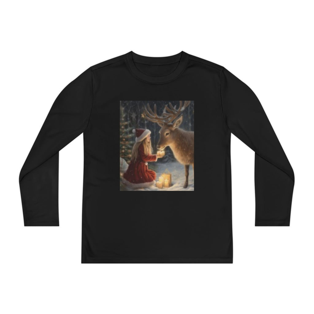 Youth Long Sleeve Tee — Girl Feeding Deer Christmas Night Scene