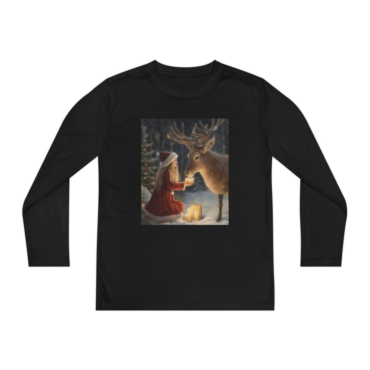 Youth Long Sleeve Tee — Girl Feeding Deer Christmas Night Scene