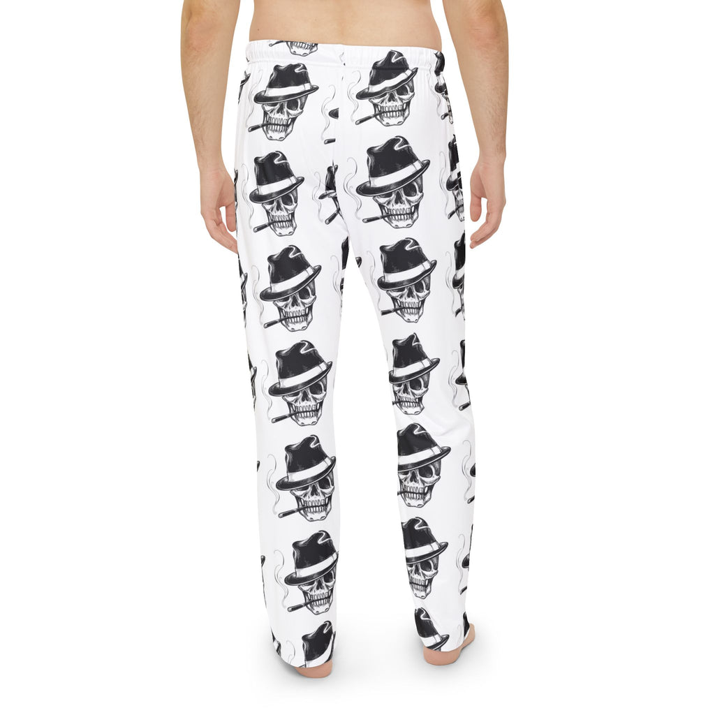 Skull Fedora Pajama Pants — Men’s Black & White All-Over Print Lounge Pants