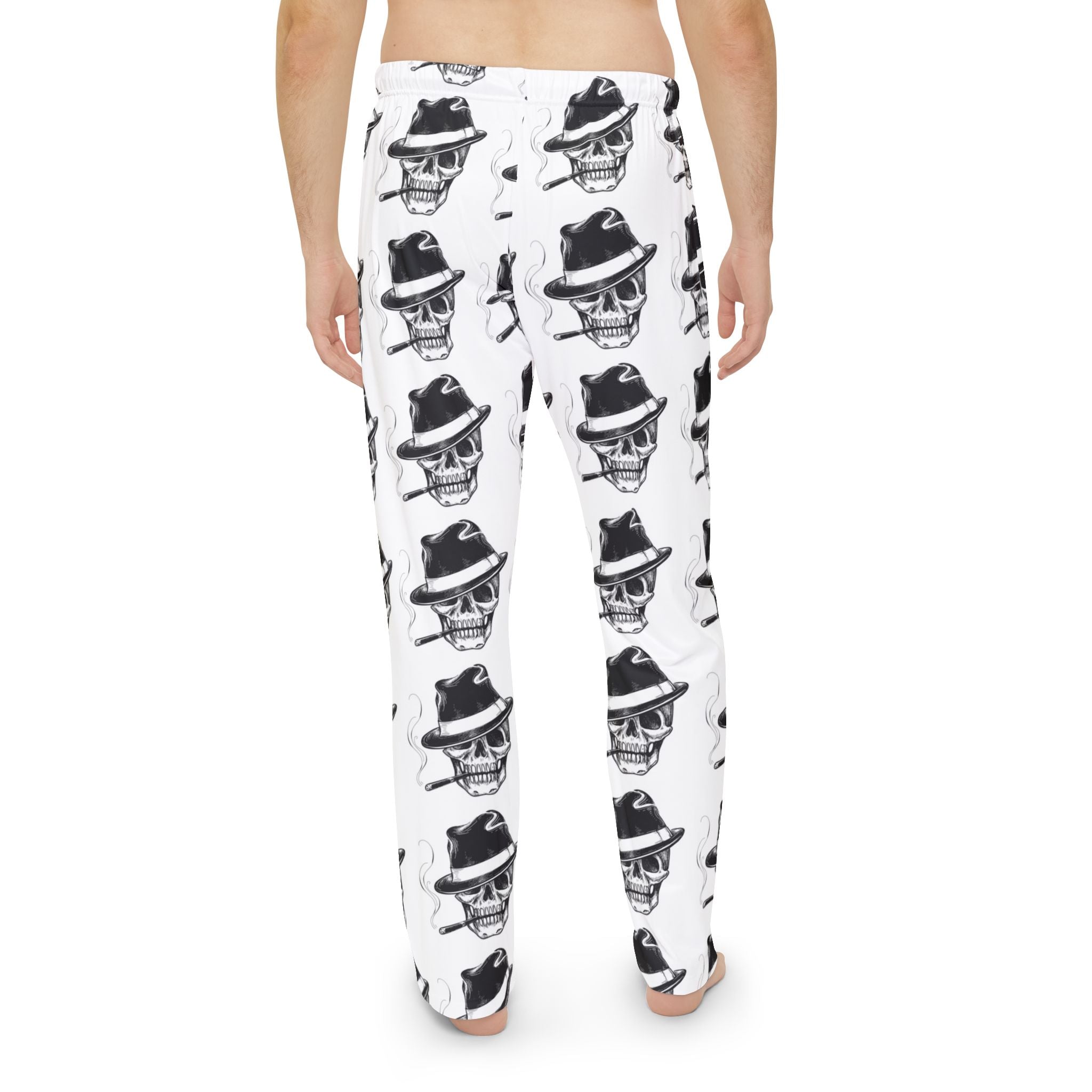 Skull Fedora Pajama Pants — Men’s Black & White All-Over Print Lounge Pants