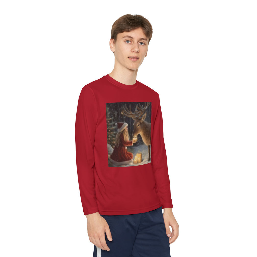 Youth Long Sleeve Tee — Girl Feeding Deer Christmas Night Scene