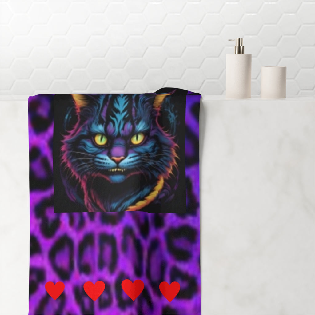 Neon Tiger Cat Beach Towel – Purple Leopard Print with Red Hearts