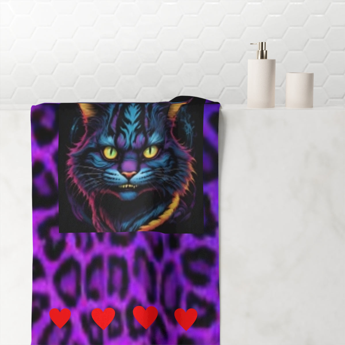 Neon Tiger Cat Beach Towel – Purple Leopard Print with Red Hearts