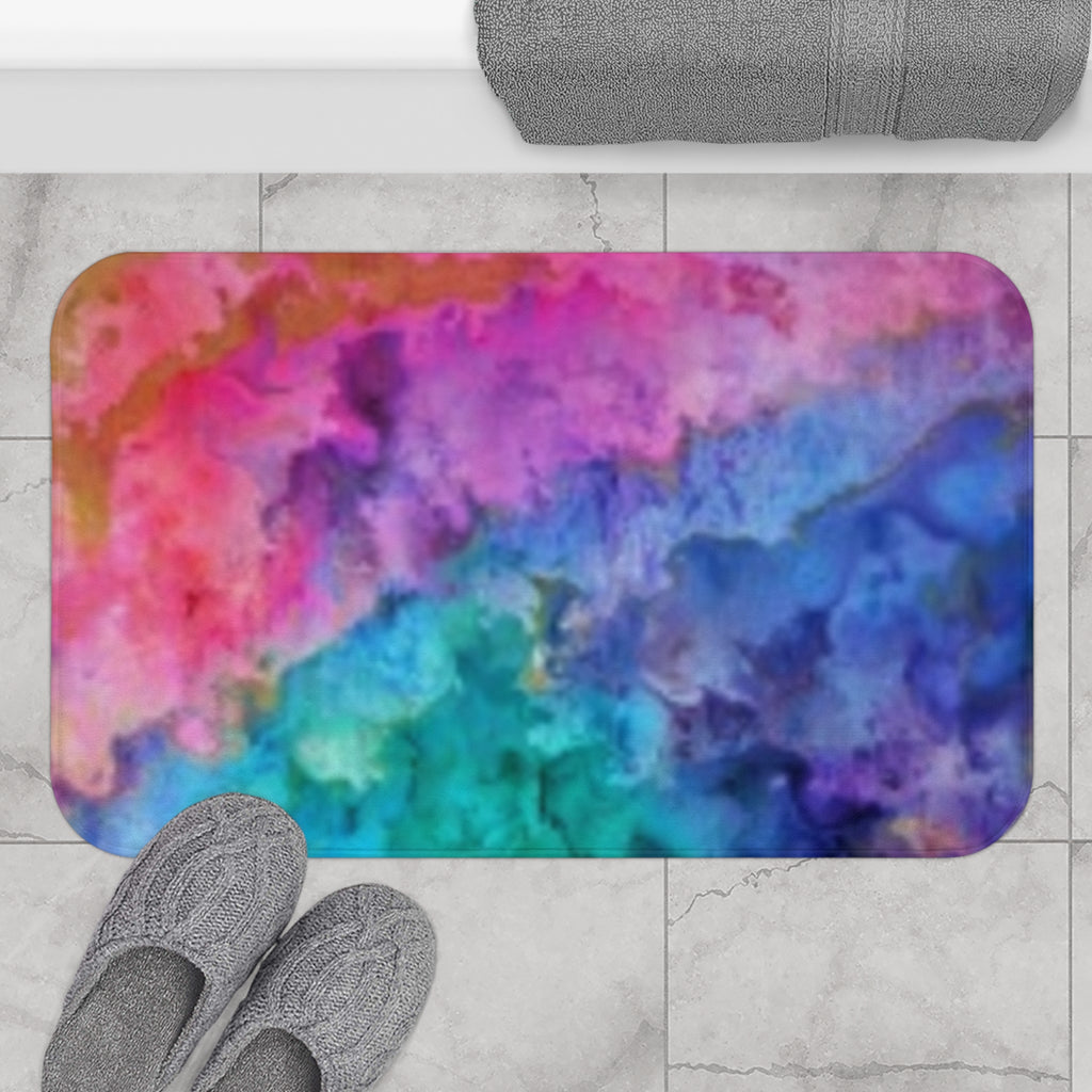 Vibrant Watercolor Cloud Bath Mat — Rainbow Abstract Non-Slip Bathroom Rug