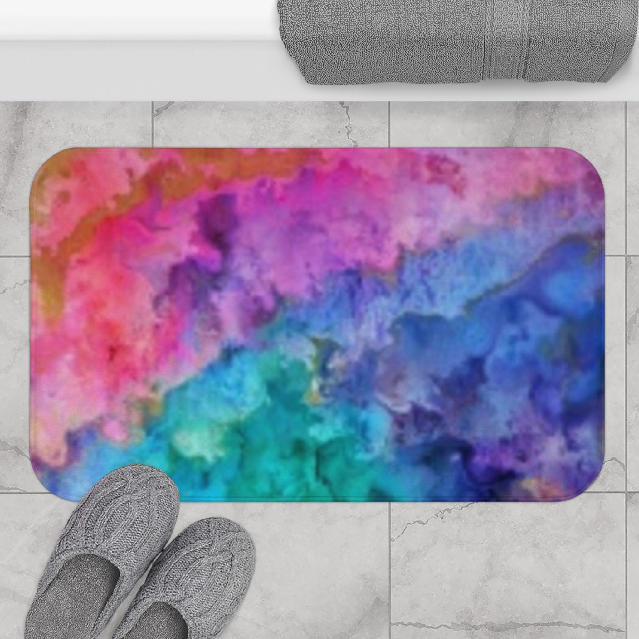 Vibrant Watercolor Cloud Bath Mat — Rainbow Abstract Non-Slip Bathroom Rug