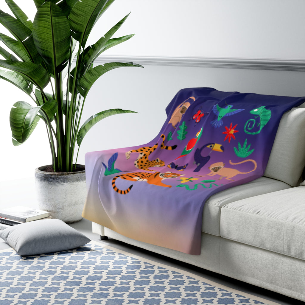 Tropical Jungle Sherpa Blanket — Colorful Exotic Animals on Gradient Background