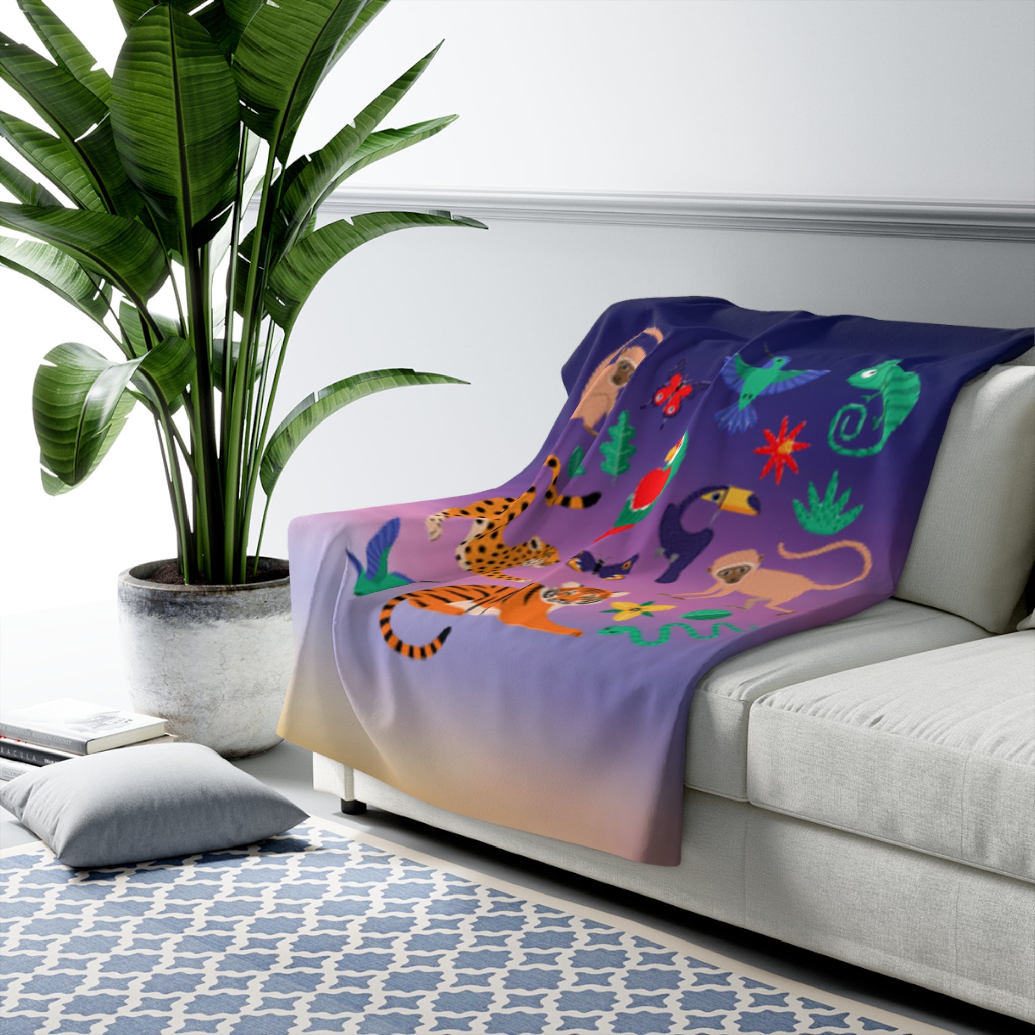 Tropical Jungle Sherpa Blanket — Colorful Exotic Animals on Gradient Background
