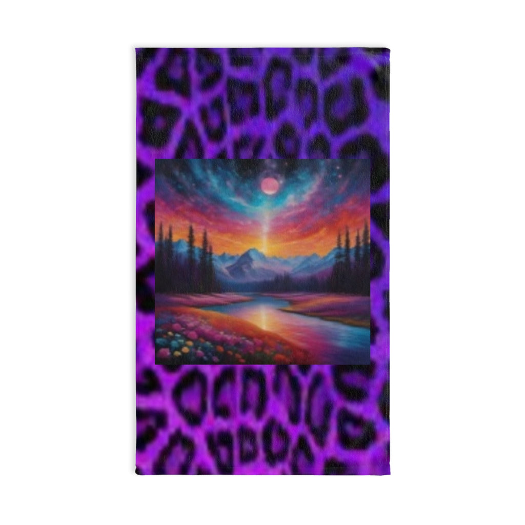 Purple Leopard & Sunset Hand Towel with Vibrant Mountain Sunset Artwork