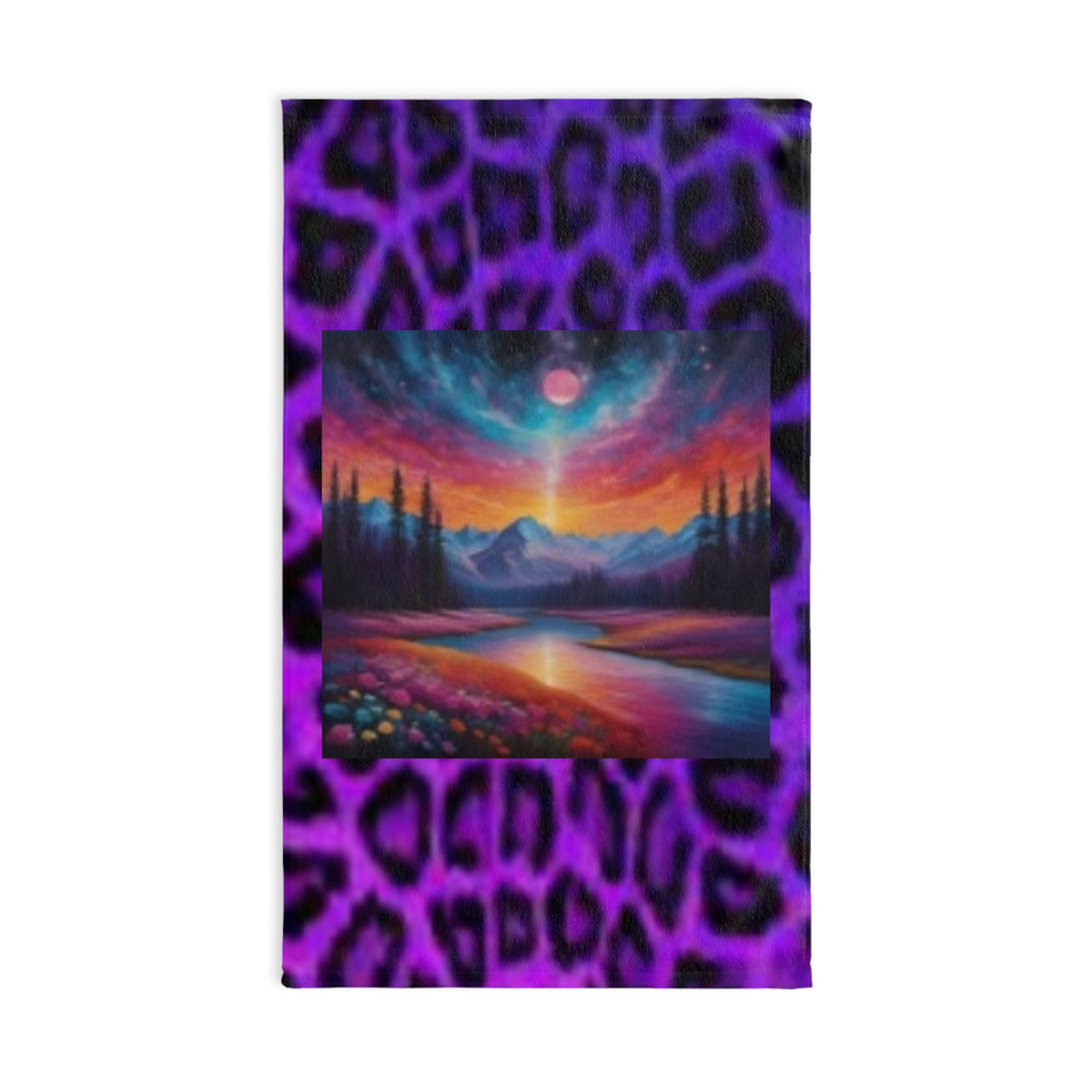 Purple Leopard & Sunset Hand Towel with Vibrant Mountain Sunset Artwork