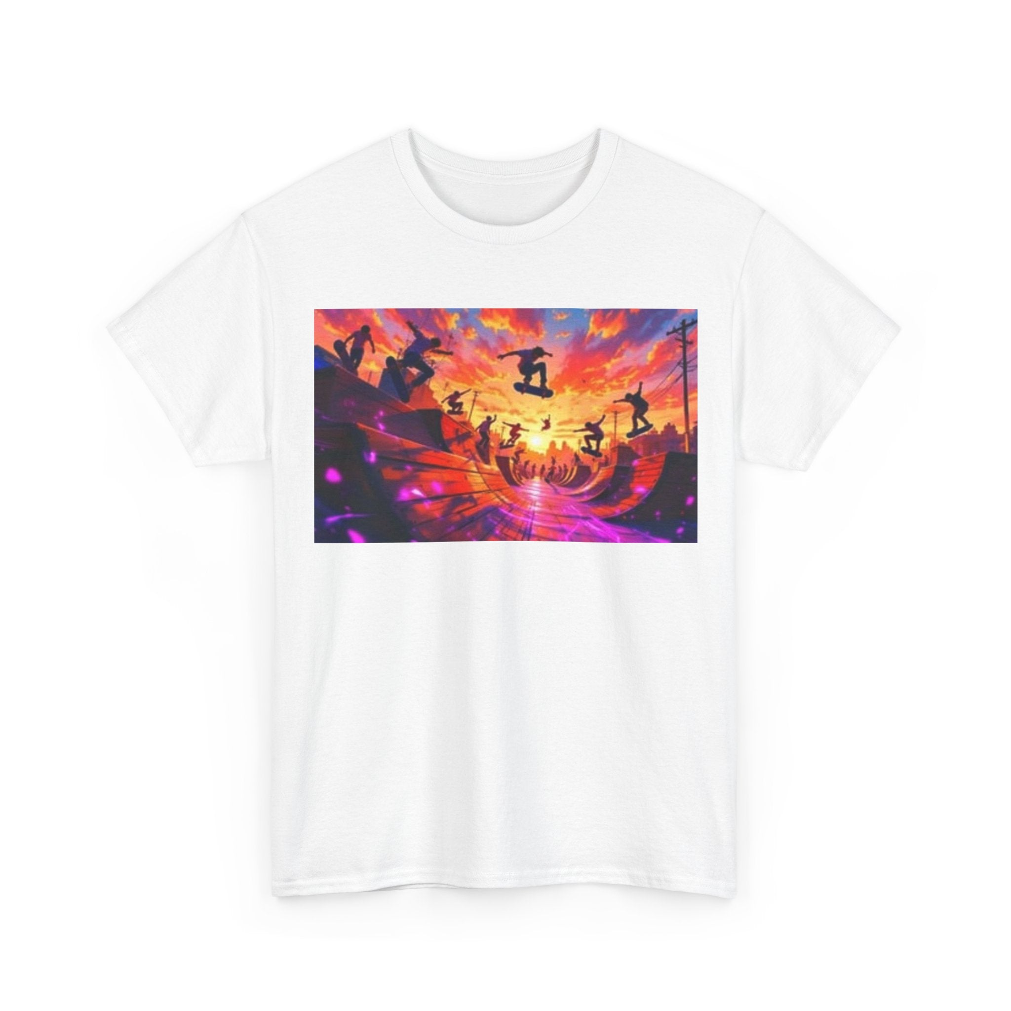 Skate Sunset Graphic Tee — Vibrant Skateboarding Sunset Scene Shirt