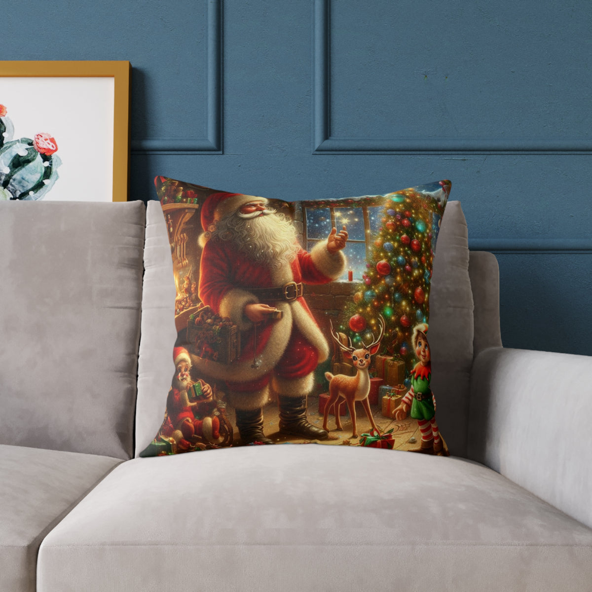 Christmas Santa Scene Square Pillow — Festive Holiday Throw Cushion