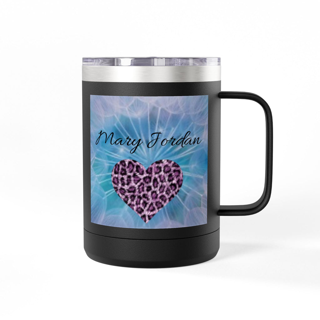 Mary Jordan Custom 15oz Travel Mug Tumbler — Personalized 'Enter text' Blue Floral Design & Heart