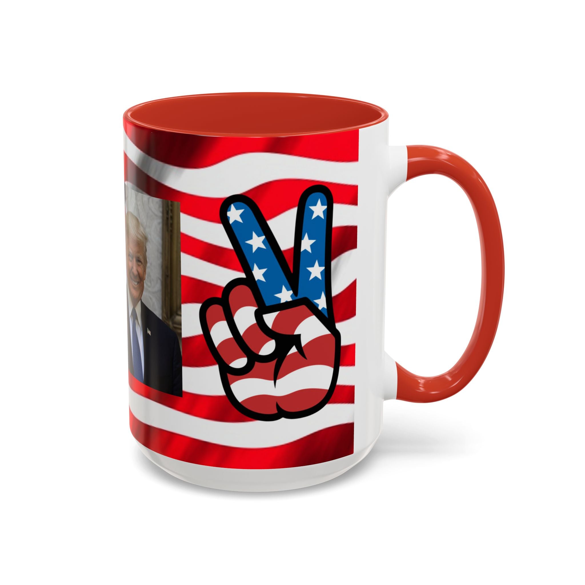Patriotic President TRUMP Coffee Mug — American Flag Peace Sign & Smile